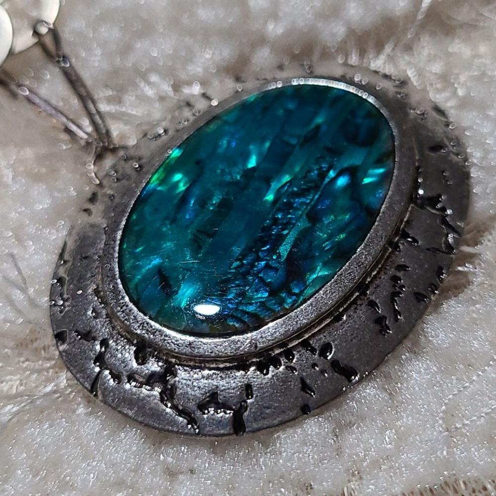 Turquoise Abalone Necklace Oval Pendant Aztec Native Distressed Silvertone Geom